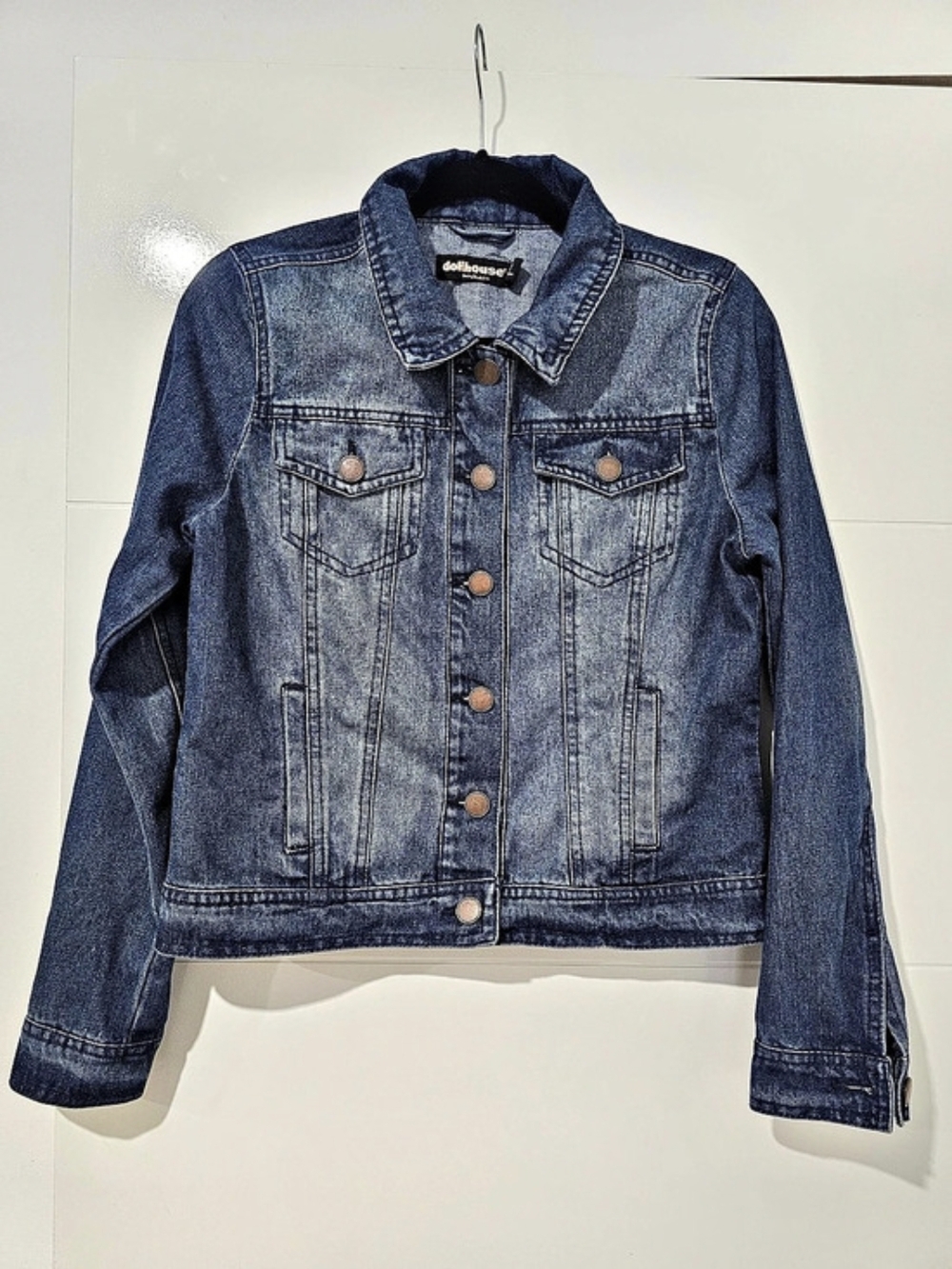 Dollhouse Blue Denim Jacket Women's M Button Front Collared Pockets Long Sleeve